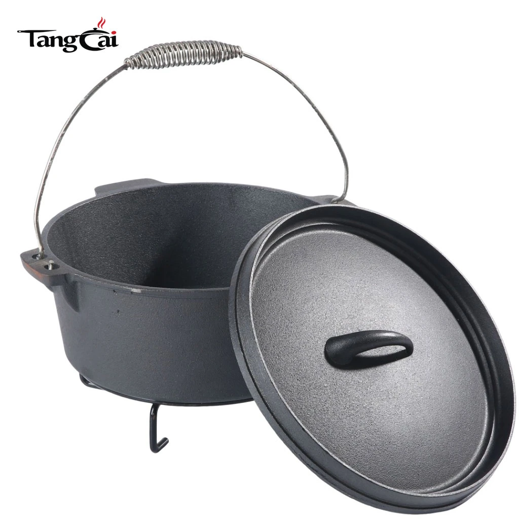Outdoor Camping Nonstick Cast Iron Dutch Oven with 3 Legged Base & Pre-Seasoned Lifting Handle Metal Material