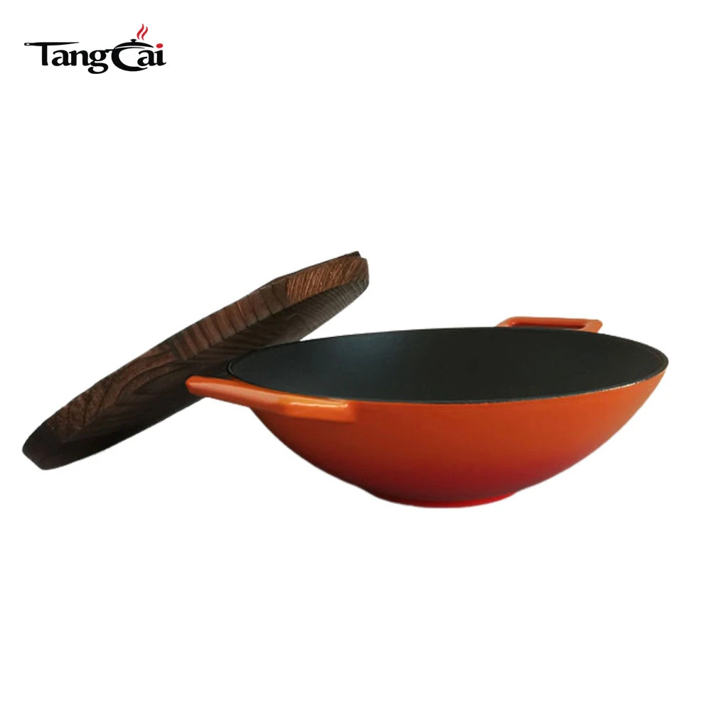 Enamel Coated DIA36cm Cast Iron Wok With Double Handles Chinese Kitchenware Wok Flat Bottom Induction Compatible