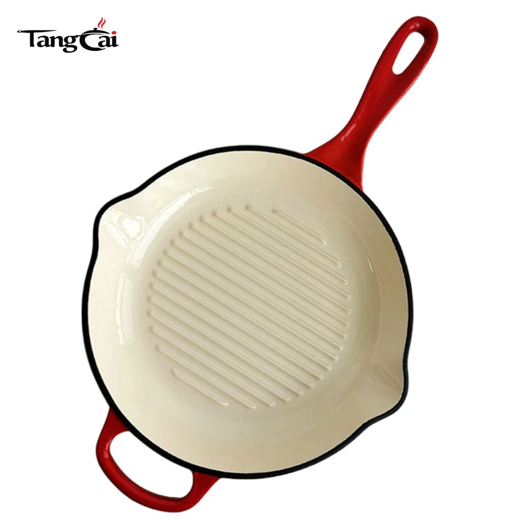 Round Enameled Cast Iron Steak Grill Pan with Side Drip Spouts - 11 inch Round Frying Pan with White Enamel Coated Interior