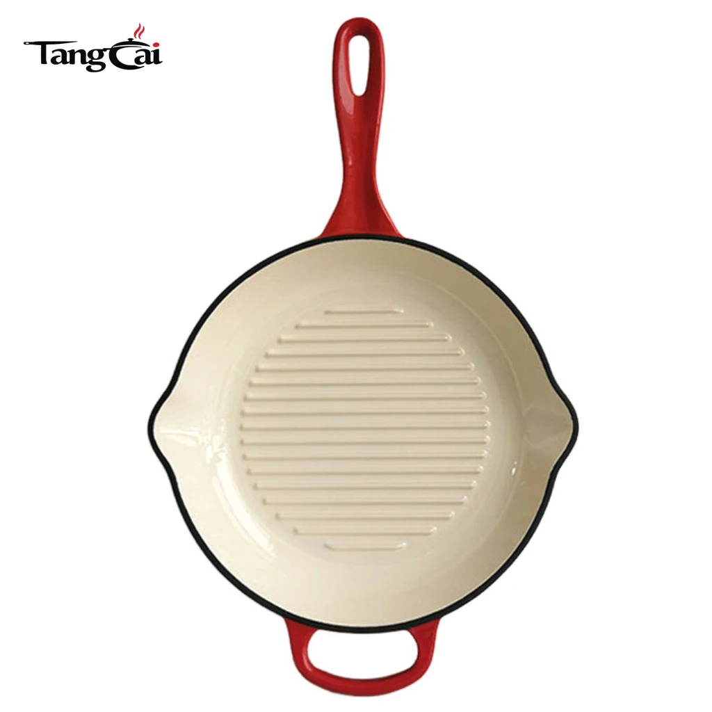 Round Enameled Cast Iron Steak Grill Pan with Side Drip Spouts - 11 inch Round Frying Pan with White Enamel Coated Interior