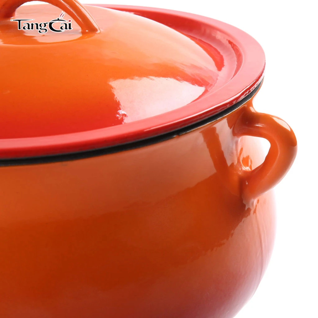 Multi-Purpose Orange Enameled 5QT Cast Iron Bean Pot Non-Stick Belly Cookware with Lid for Daily Kitchen Tasks