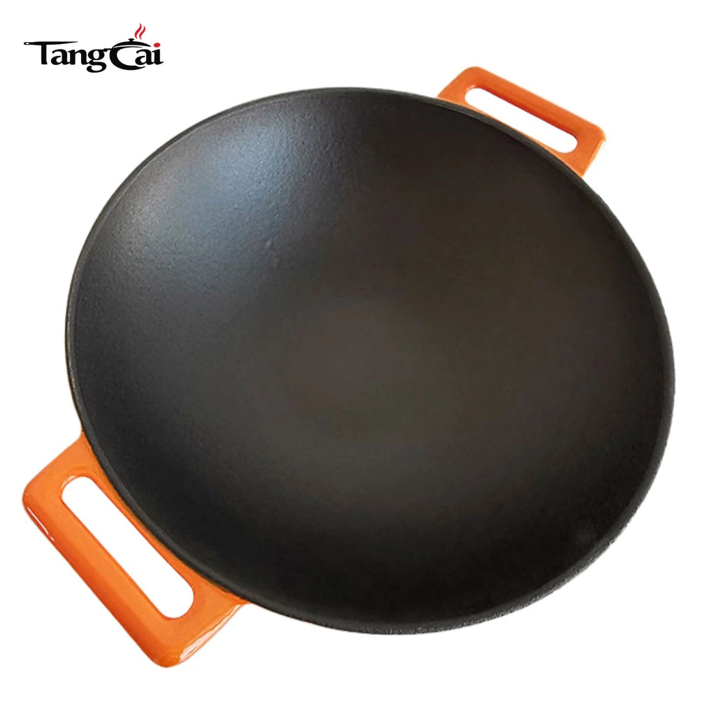 Enamel Coated DIA36cm Cast Iron Wok With Double Handles Chinese Kitchenware Wok Flat Bottom Induction Compatible