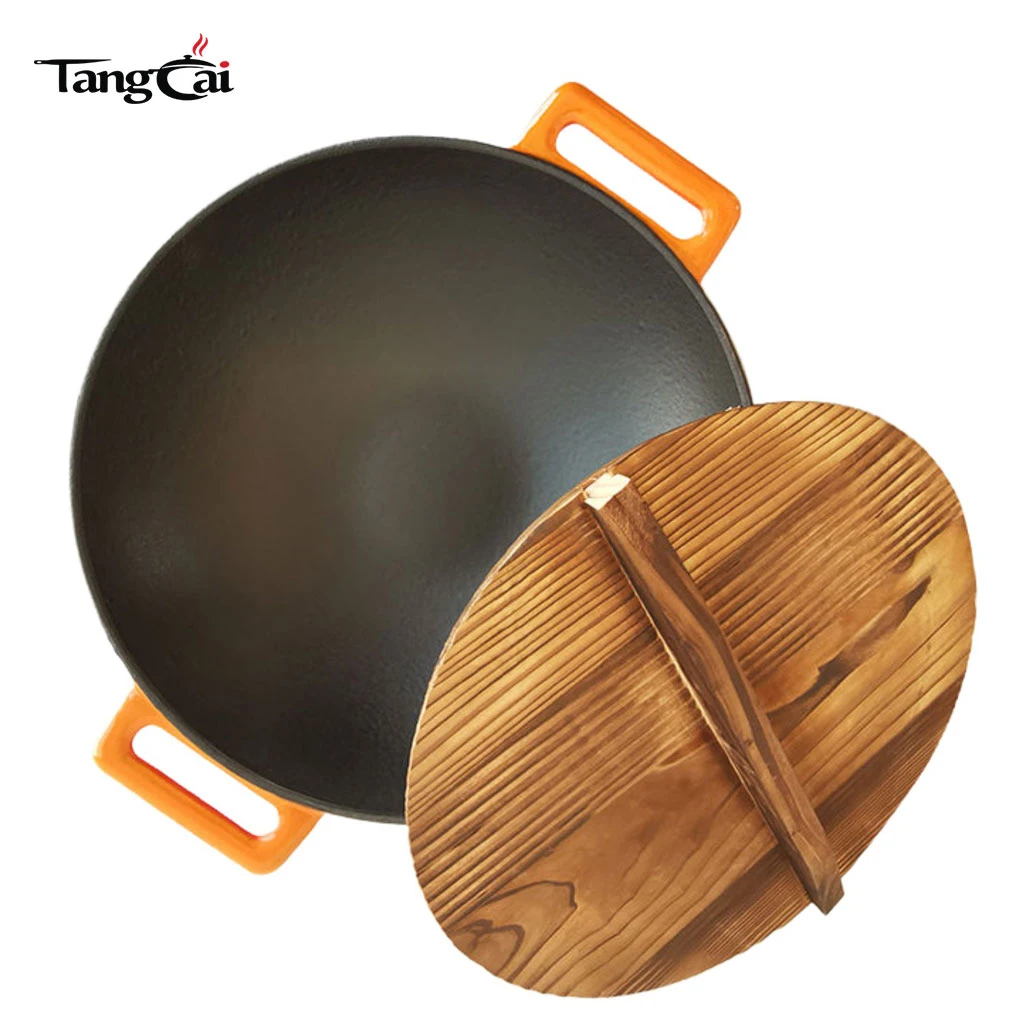 Enamel Coated DIA36cm Cast Iron Wok With Double Handles Chinese Kitchenware Wok Flat Bottom Induction Compatible