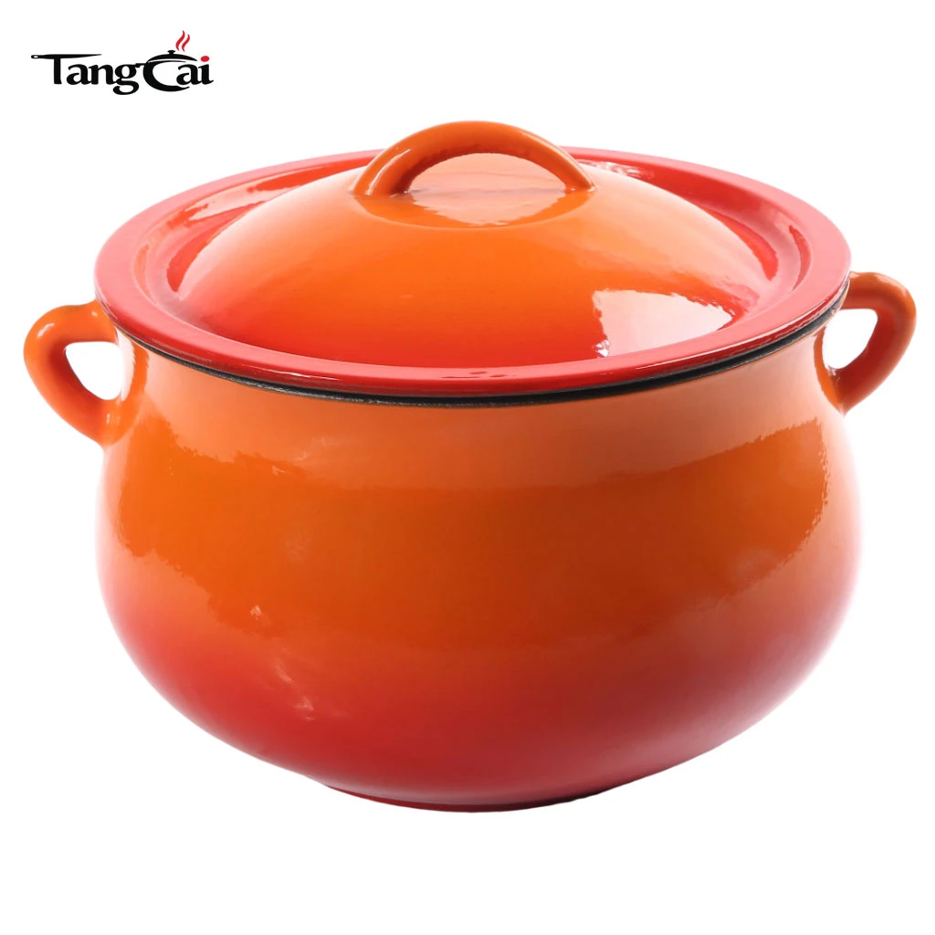 Multi-Purpose Orange Enameled 5QT Cast Iron Bean Pot Non-Stick Belly Cookware with Lid for Daily Kitchen Tasks