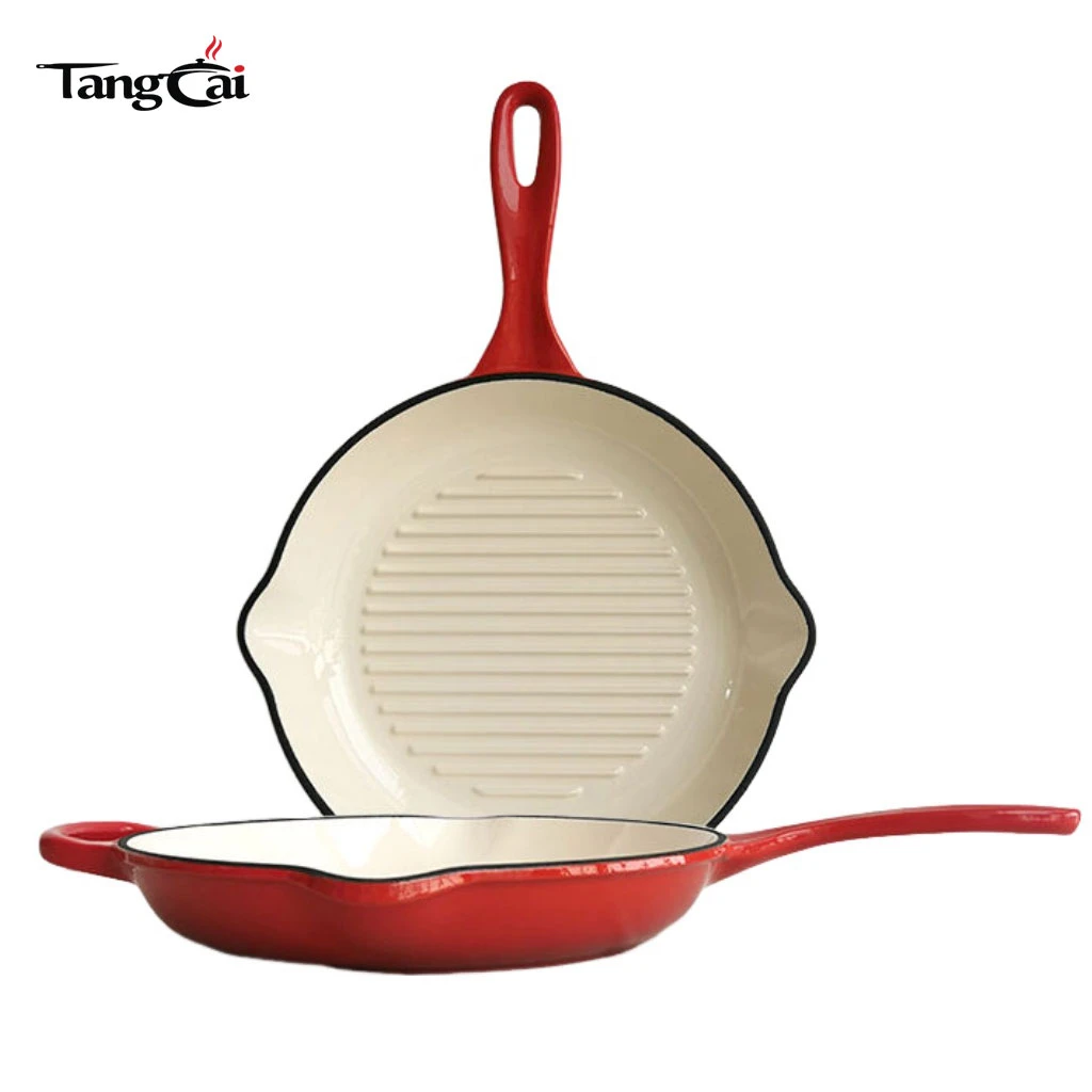 Round Enameled Cast Iron Steak Grill Pan with Side Drip Spouts - 11 inch Round Frying Pan with White Enamel Coated Interior