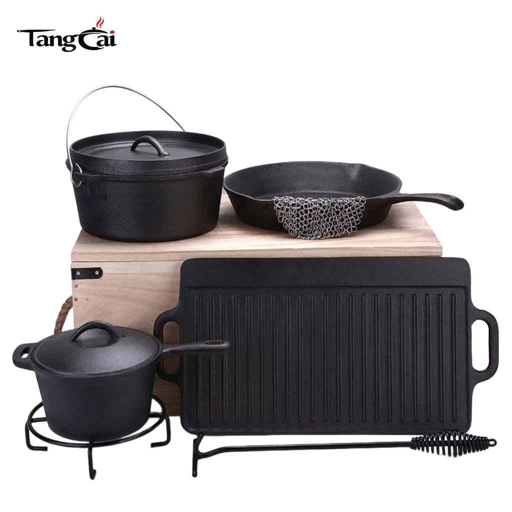 7-Piece Cast Iron Cookware Set with Wooden Box for Camp Cooking