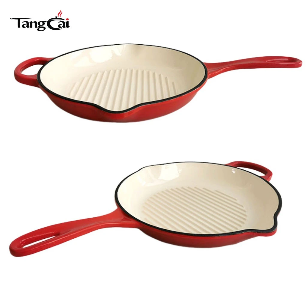 Round Enameled Cast Iron Steak Grill Pan with Side Drip Spouts - 11 inch Round Frying Pan with White Enamel Coated Interior