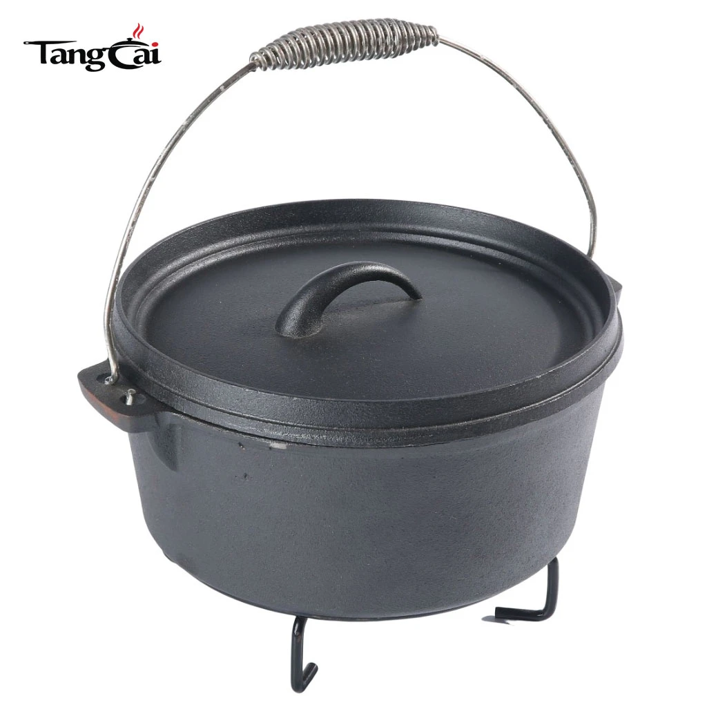 Outdoor Camping Nonstick Cast Iron Dutch Oven with 3 Legged Base & Pre-Seasoned Lifting Handle Metal Material