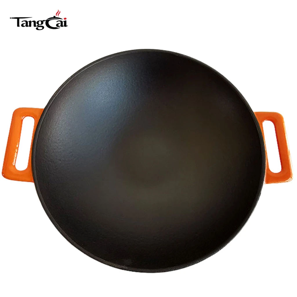 Enamel Coated DIA36cm Cast Iron Wok With Double Handles Chinese Kitchenware Wok Flat Bottom Induction Compatible