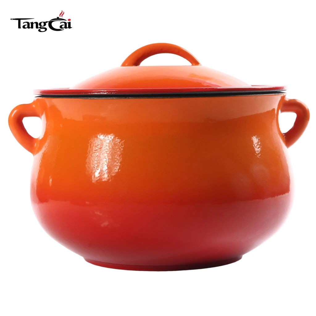 Multi-Purpose Orange Enameled 5QT Cast Iron Bean Pot Non-Stick Belly Cookware with Lid for Daily Kitchen Tasks