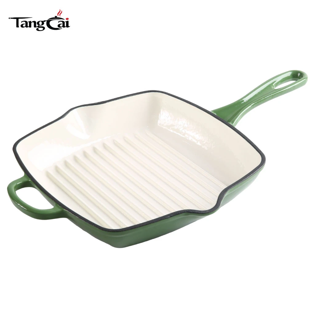 Square Enameled Cast Iron Steak Grill Pan - Square Skillet with Drip Spout, For All Cooktops, Perfect Grill Marks