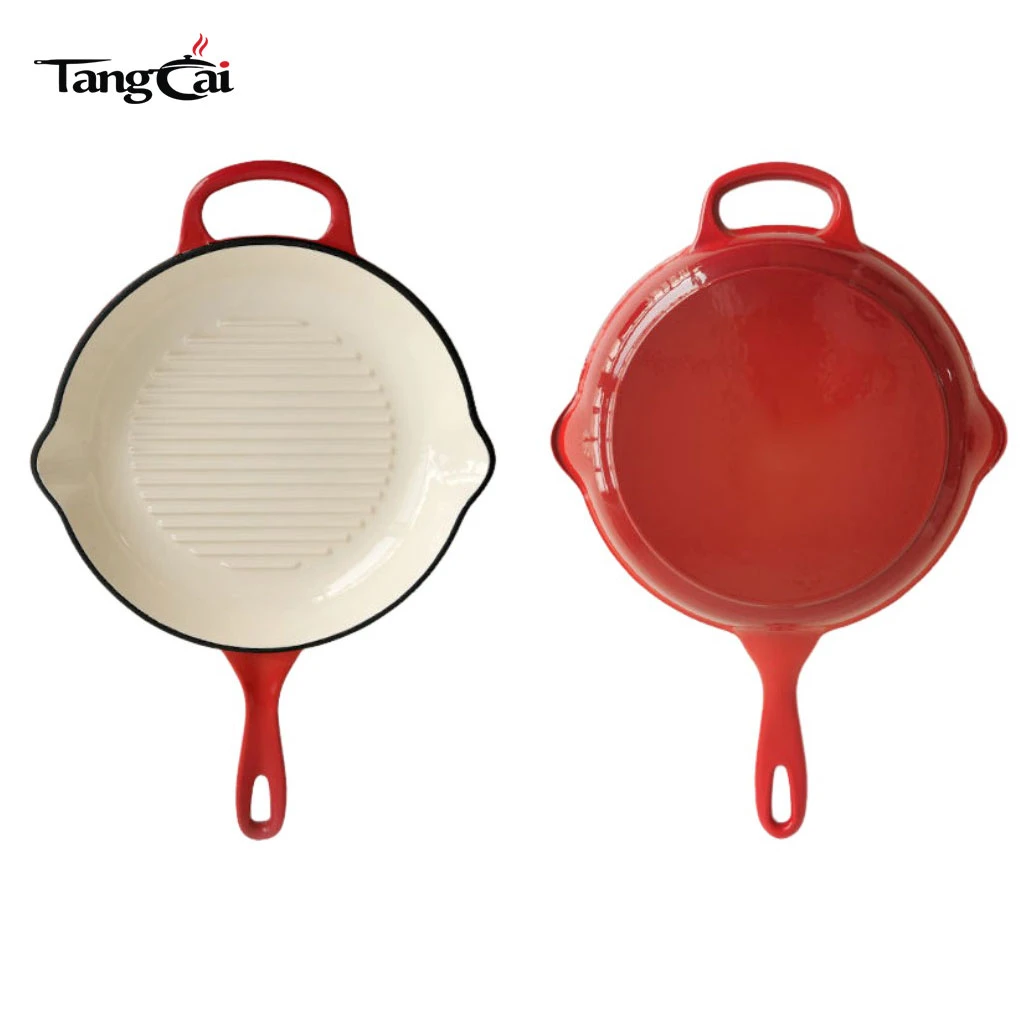 Round Enameled Cast Iron Steak Grill Pan with Side Drip Spouts - 11 inch Round Frying Pan with White Enamel Coated Interior