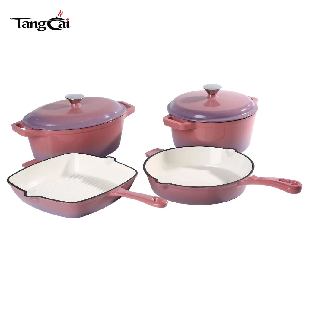 4PCS EnameledCast Iron Cookware Se Nonstick Multi-purpose Pots and Pans Set for Family Cooking Oven Safe Induction Compatible