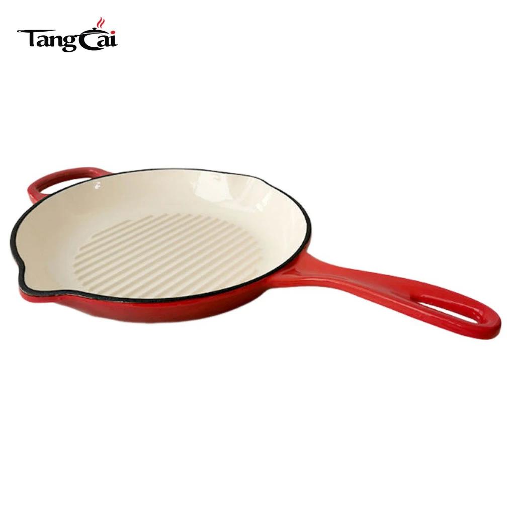 Round Enameled Cast Iron Steak Grill Pan with Side Drip Spouts - 11 inch Round Frying Pan with White Enamel Coated Interior