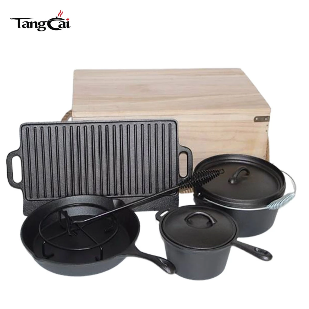 7-Piece Cast Iron Cookware Set with Wooden Box for Camp Cooking