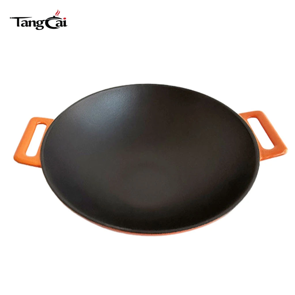 Enamel Coated DIA36cm Cast Iron Wok With Double Handles Chinese Kitchenware Wok Flat Bottom Induction Compatible
