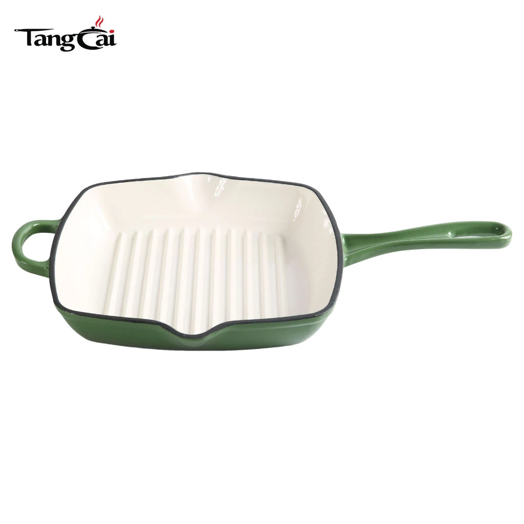 Square Enameled Cast Iron Steak Grill Pan - Square Skillet with Drip Spout, For All Cooktops, Perfect Grill Marks