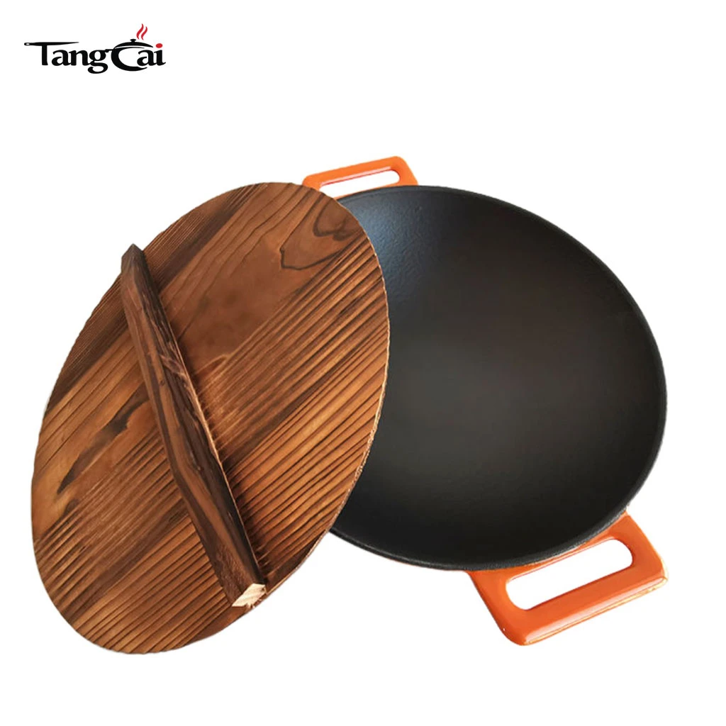 Enamel Coated DIA36cm Cast Iron Wok With Double Handles Chinese Kitchenware Wok Flat Bottom Induction Compatible