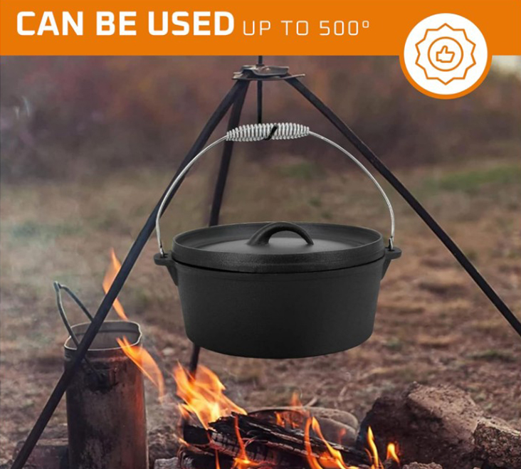 Preseasoned 7-Piece Cast Iron Pots and Pans Camping Cookware Set With Wooden Storage Box