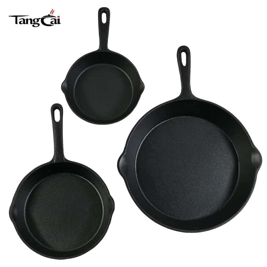 Factory Wholesale 3-Piece Heavy Duty Uncoated Cast Iron Skillet Frying Pan Set Non-stick Original Iron Pan Skillet Cookware Set