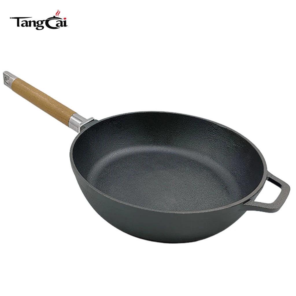 Outdoor portable BBQ Grill Pan Pre-seasoned Cast Iron Fry Pan With Wooden Removable Handle