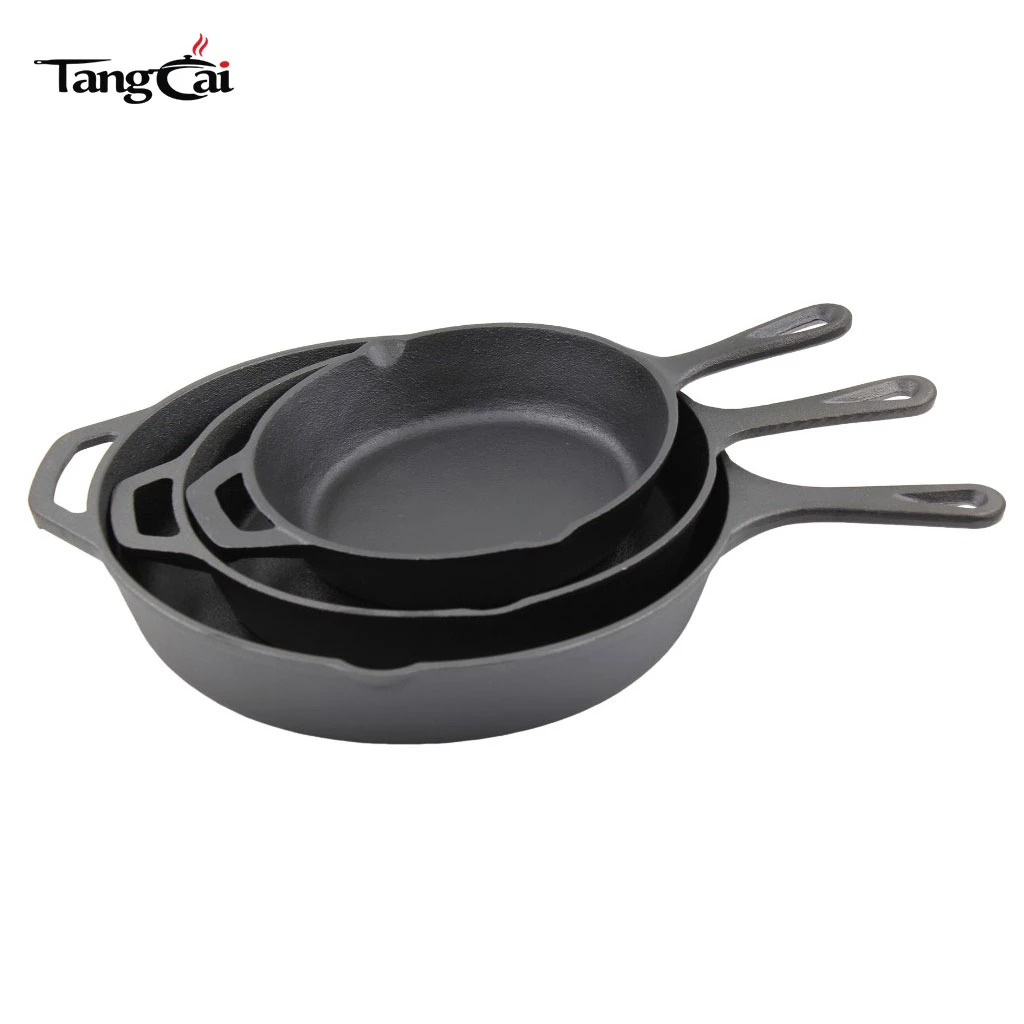Factory Wholesale Heavy Duty 3-Piece Uncoated Non-Stick Cast Iron Skillet Frying Pan Iron Pan Skillet Set