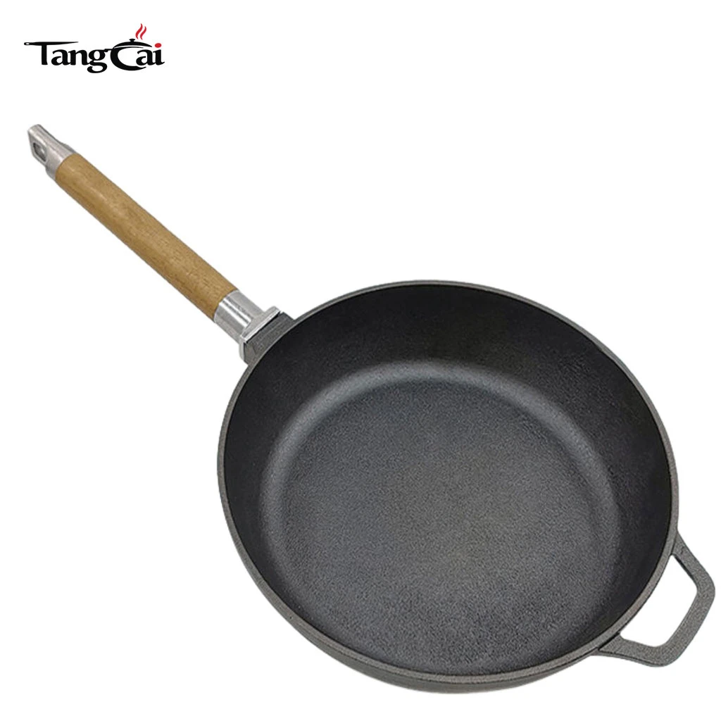 Outdoor portable BBQ Grill Pan Pre-seasoned Cast Iron Fry Pan With Wooden Removable Handle