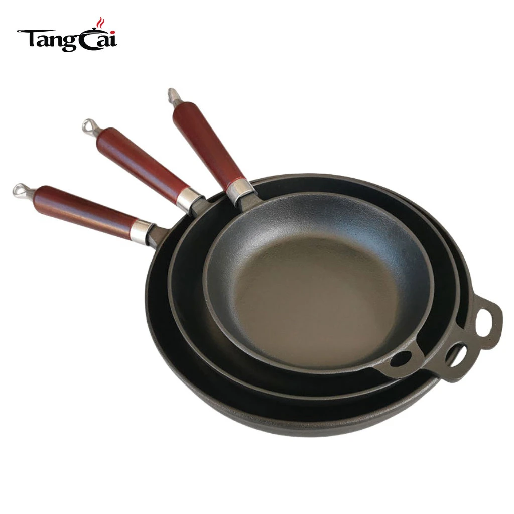 Factory Wholesale Camping Fry Pan Detachable Handle Non-Stick Cast Iron Skillet Set With Wooden Handle