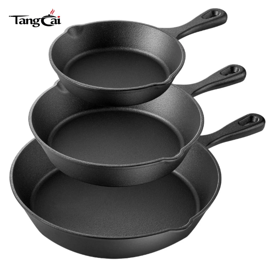 Factory Wholesale 3-Piece Heavy Duty Uncoated Cast Iron Skillet Frying Pan Set Non-stick Original Iron Pan Skillet Cookware Set