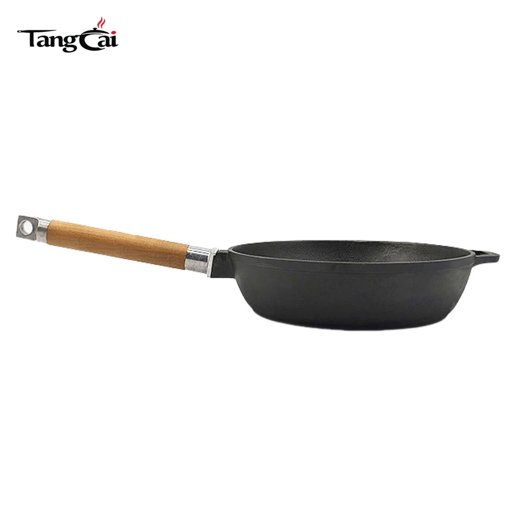 Outdoor portable BBQ Grill Pan Pre-seasoned Cast Iron Fry Pan With Wooden Removable Handle