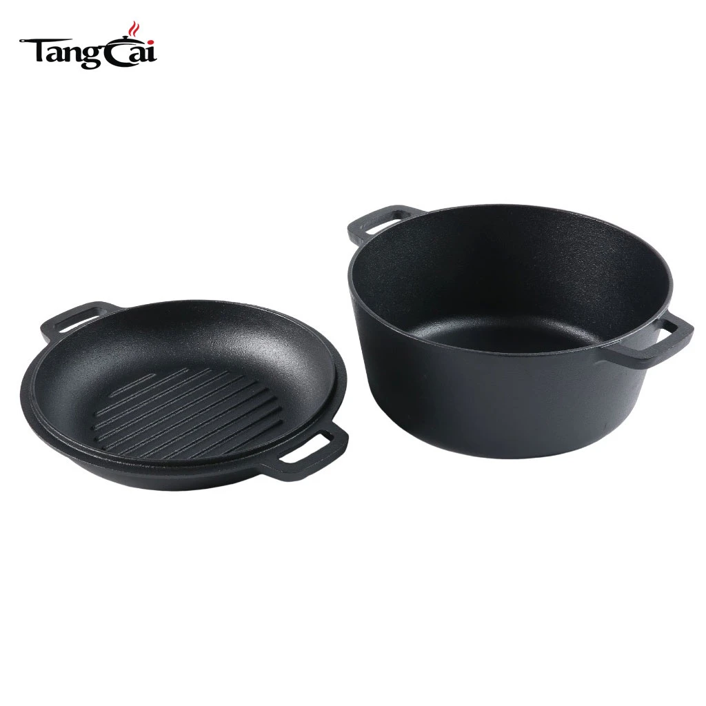 Hot Design Cast Iron Double Dutch Oven Pre-Seasoned 2-in-1 Cast Iron Cookware - Pot & Skillet Combo Cooker Oven-Safe