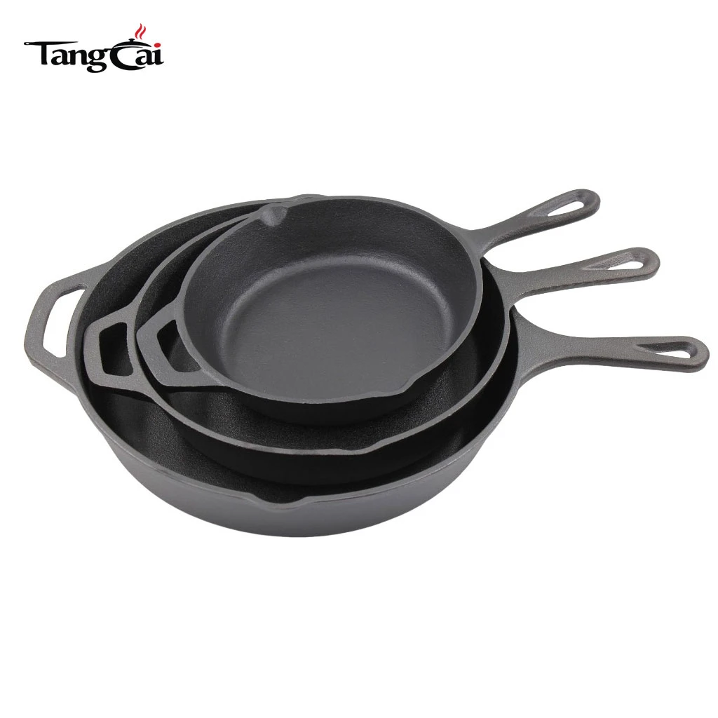 Factory Wholesale Heavy Duty 3-Piece Uncoated Non-Stick Cast Iron Skillet Frying Pan Iron Pan Skillet Set