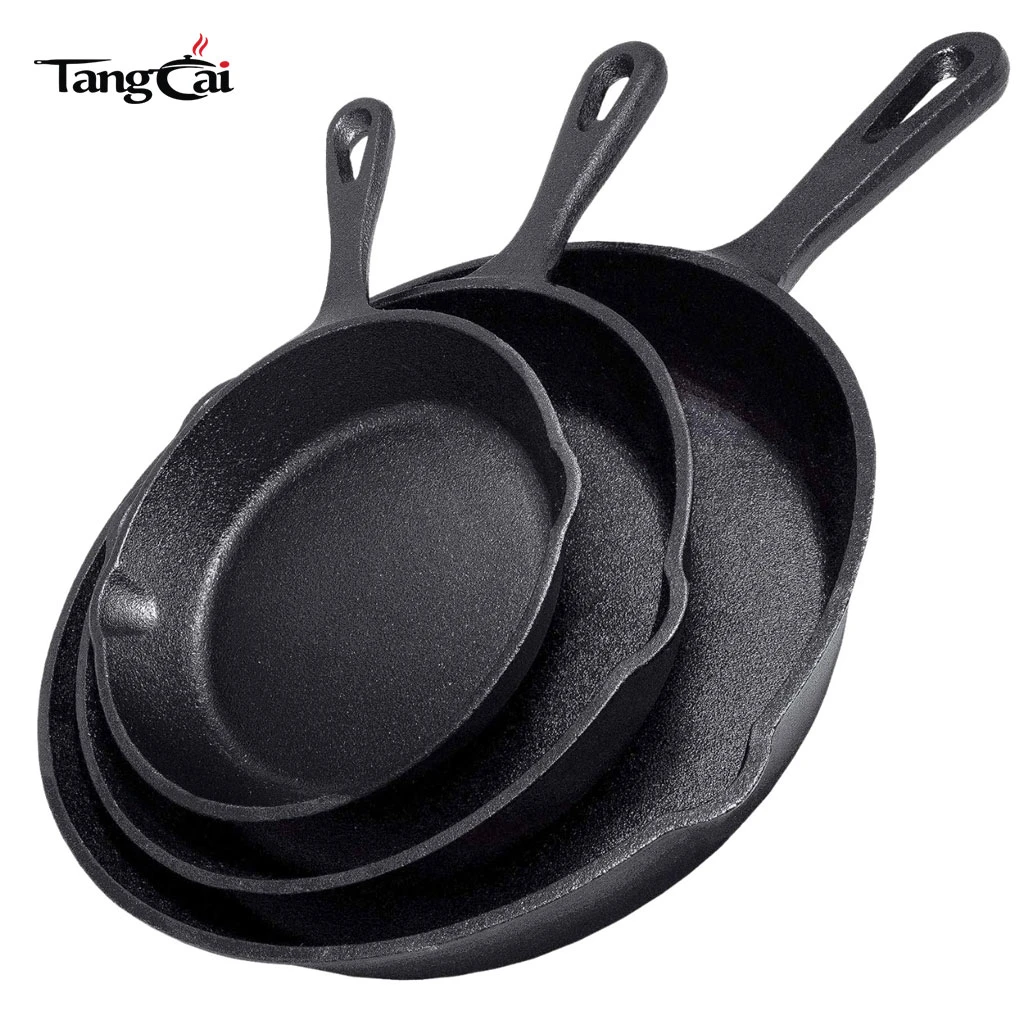 Factory Wholesale 3-Piece Heavy Duty Uncoated Cast Iron Skillet Frying Pan Set Non-stick Original Iron Pan Skillet Cookware Set