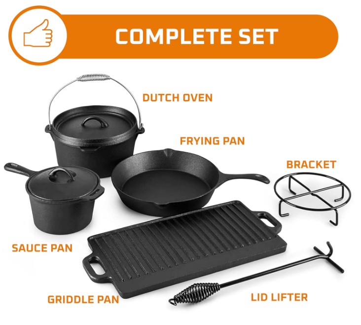 Preseasoned 7-Piece Cast Iron Pots and Pans Camping Cookware Set With Wooden Storage Box
