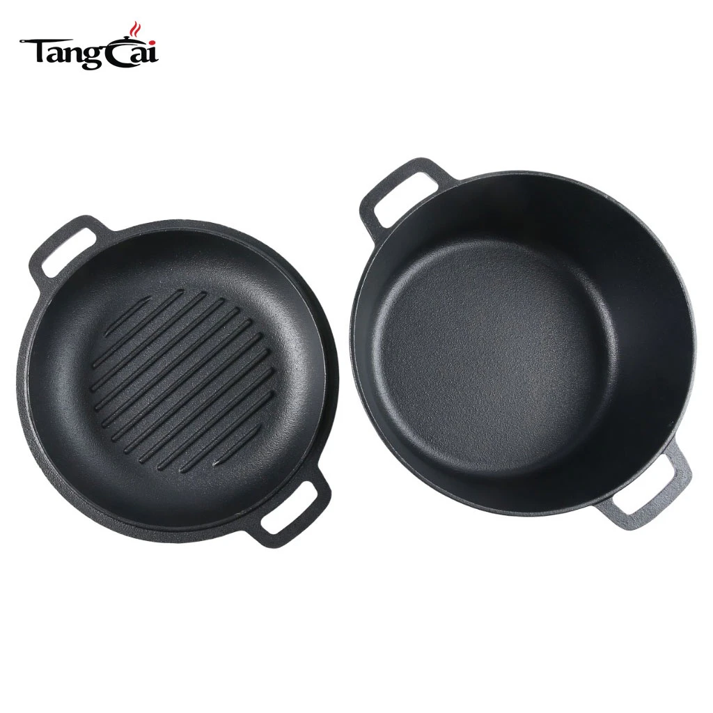 Hot Design Cast Iron Double Dutch Oven Pre-Seasoned 2-in-1 Cast Iron Cookware - Pot & Skillet Combo Cooker Oven-Safe