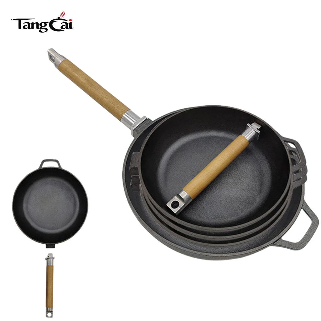 Outdoor portable BBQ Grill Pan Pre-seasoned Cast Iron Fry Pan With Wooden Removable Handle