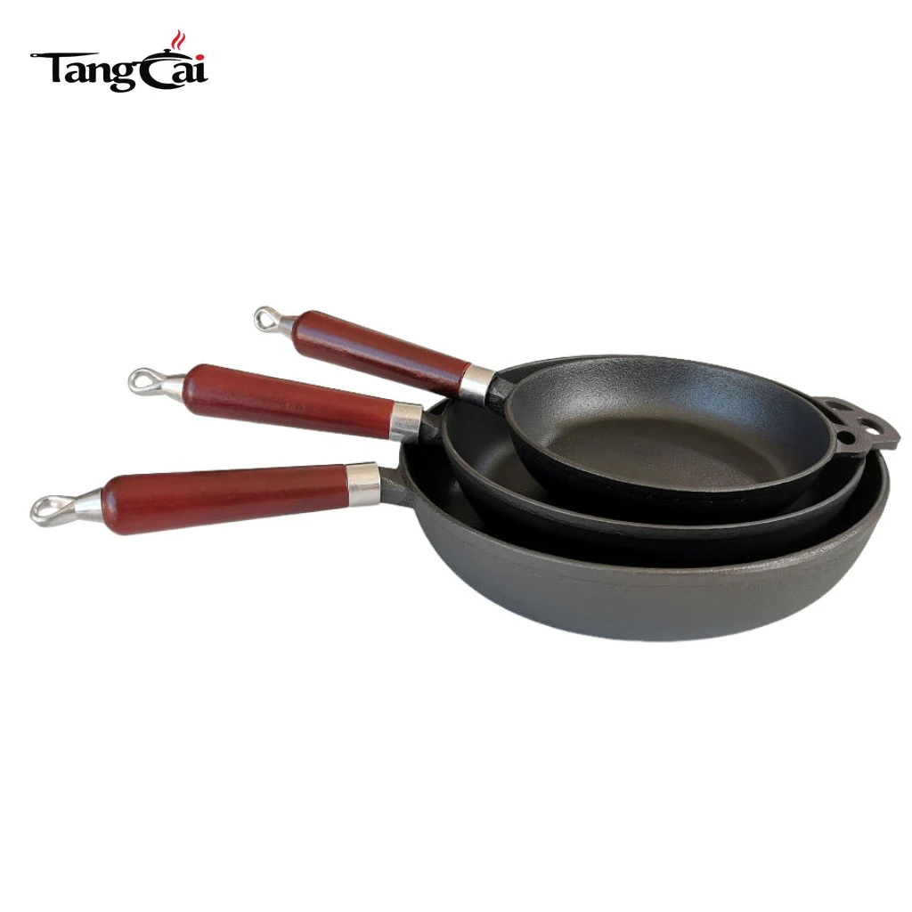 Factory Wholesale Camping Fry Pan Detachable Handle Non-Stick Cast Iron Skillet Set With Wooden Handle
