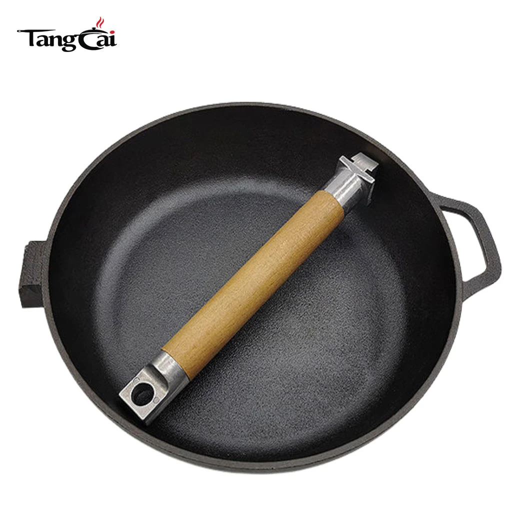 Outdoor portable BBQ Grill Pan Pre-seasoned Cast Iron Fry Pan With Wooden Removable Handle