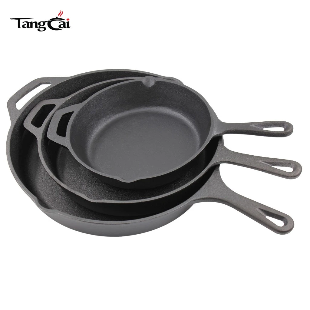 Factory Wholesale Heavy Duty 3-Piece Uncoated Non-Stick Cast Iron Skillet Frying Pan Iron Pan Skillet Set