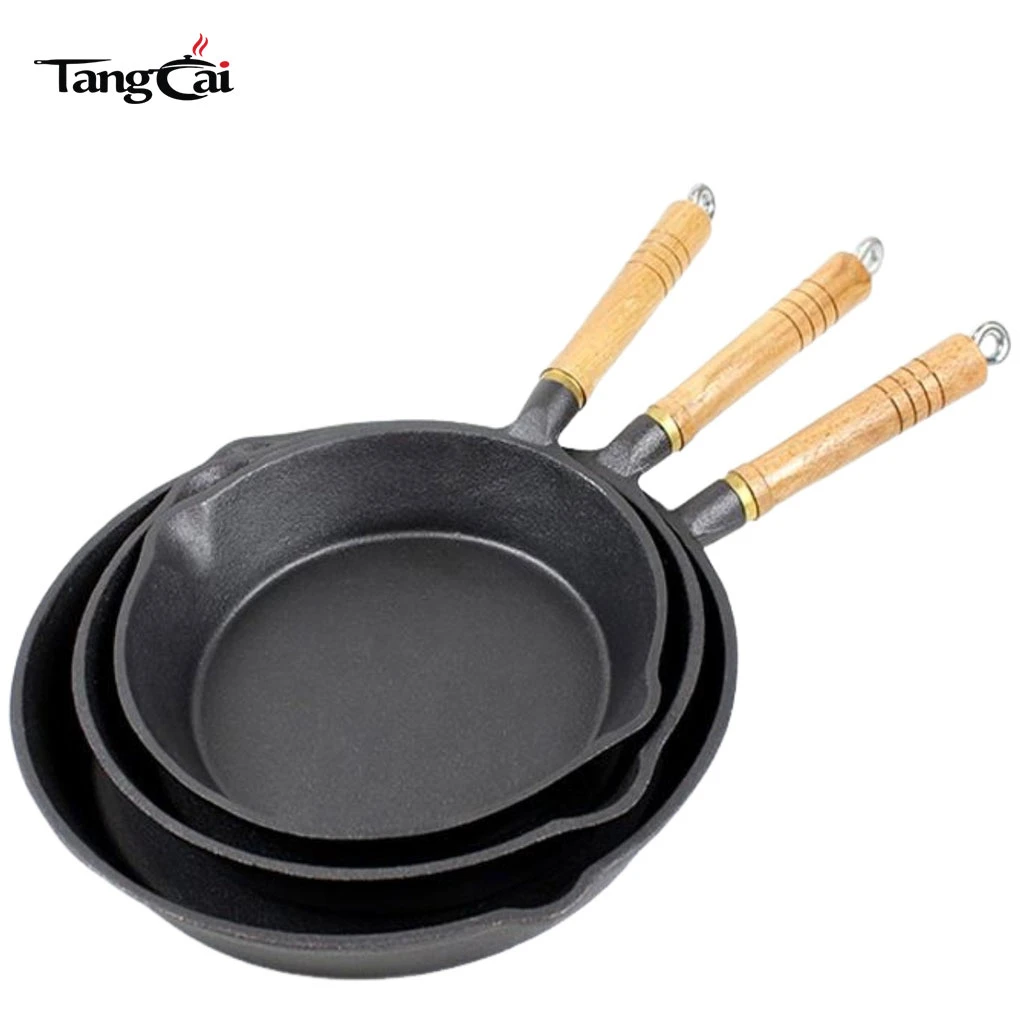 3‑Piece Mini Cast‑Iron Skillet Set &ndash; Pre‑Seasoned, Non‑Stick, Wood‑Handled Frying Pans with Removable Handles and double spouts 6inch 8inch 10inch