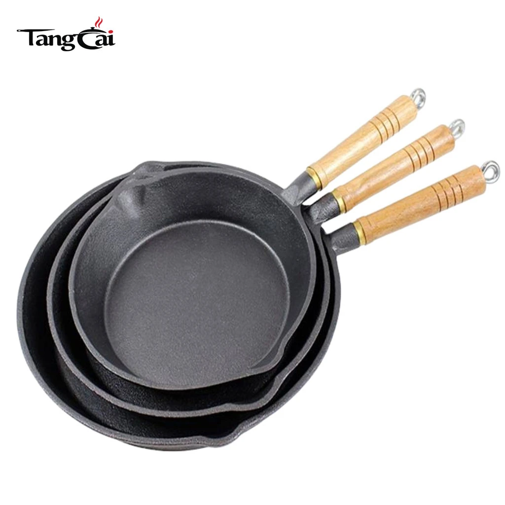 3‑Piece Mini Cast‑Iron Skillet Set &ndash; Pre‑Seasoned, Non‑Stick, Wood‑Handled Frying Pans with Removable Handles and double spouts 6inch 8inch 10inch