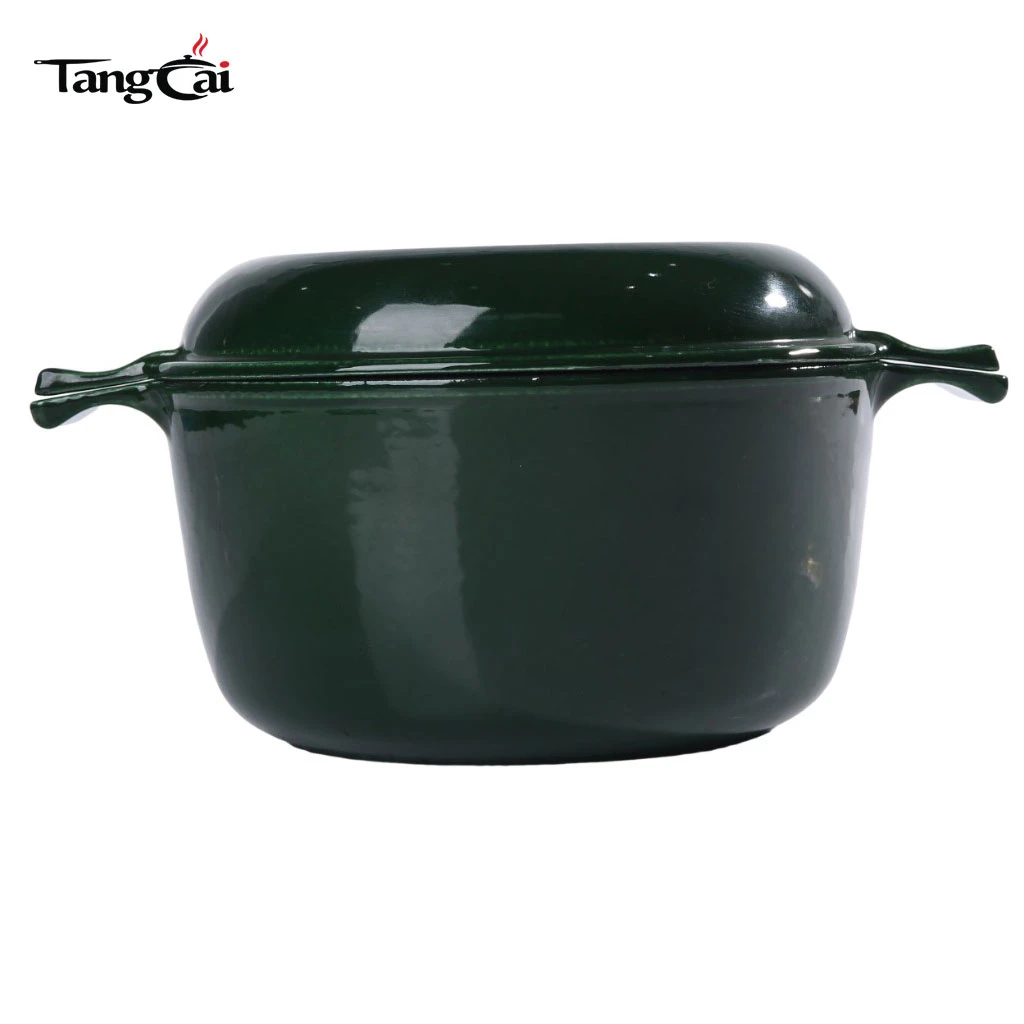 Dark Green Enameled Cast Iron Combo Cooker, Double Used Dutch Oven with Reversible Skillt Lid