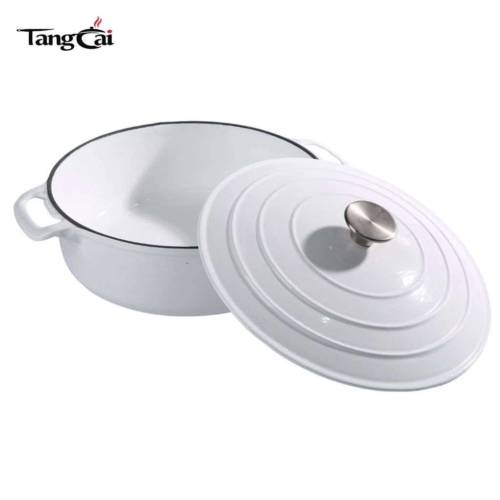 Shallow Glossy White Enameled Cast Iron Dutch Oven, Multi-purpose Seafood Casserole Pot with Lid