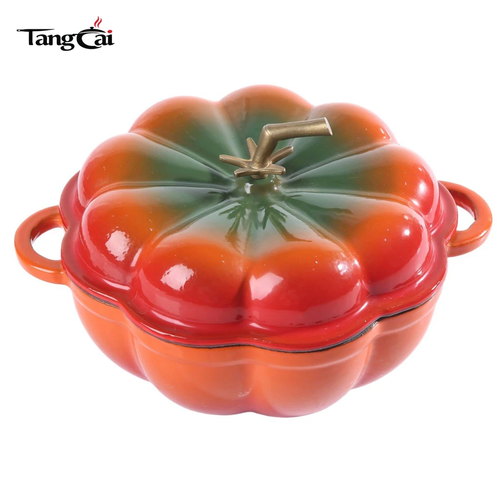 Gradient Red Pumpkin Shaped Enamel Cast Iron Dutch Oven with Matte Black Inner Coating