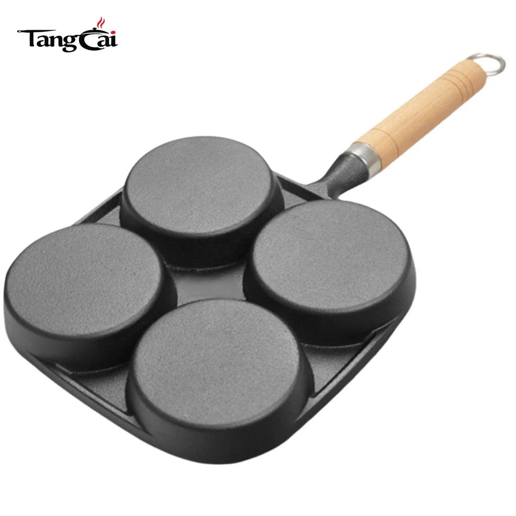 Pre-Seasoned Cast Iron 4-Cup Pancake Pan with Wooden Handle, Non-Stick Multi-Hole Griddle for Mini Pancakes, Eggs & Breakfast