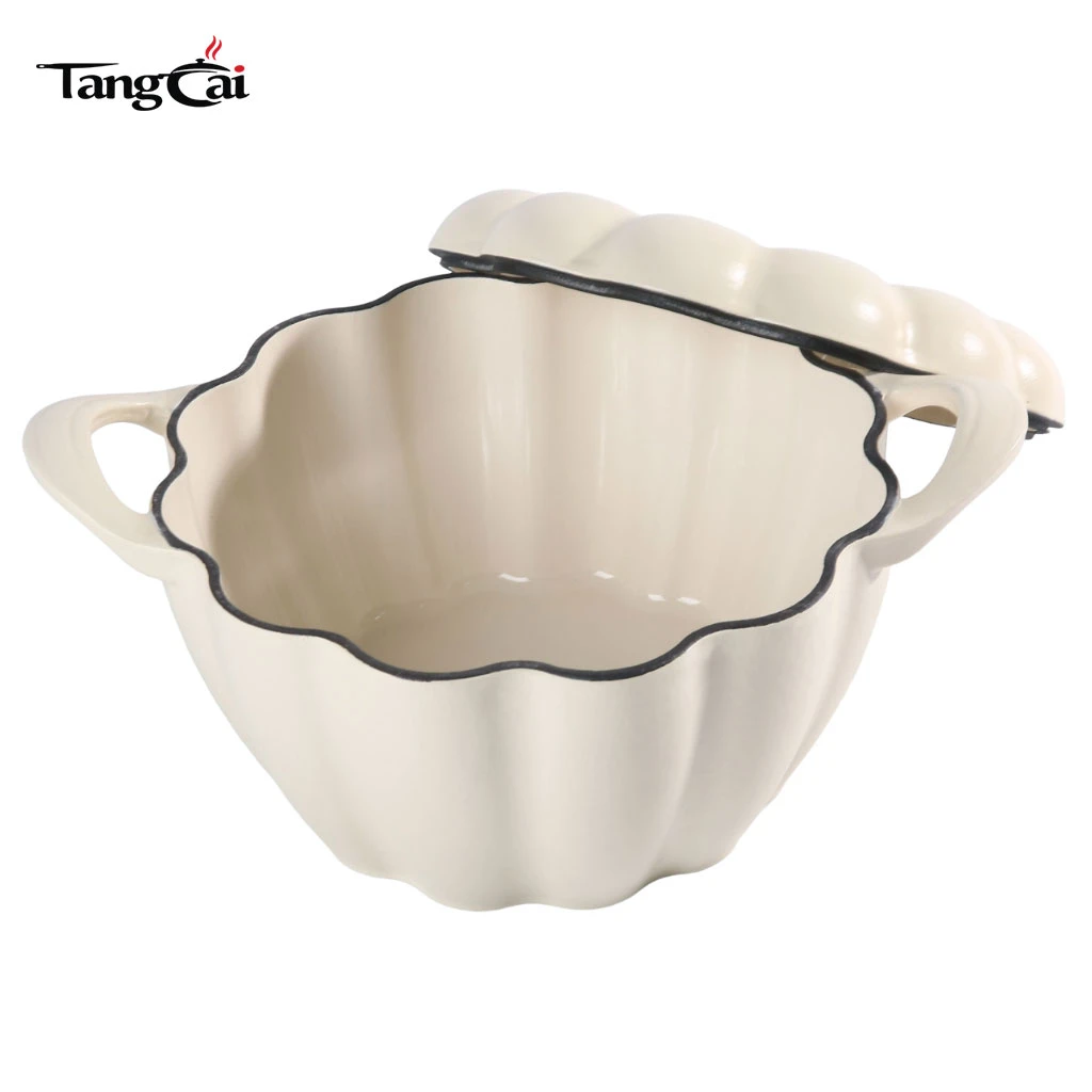 Cream White Pumpkin Shaped Enamel Cast Iron Dutch Oven, Decorative Heavy Duty Stock Pot