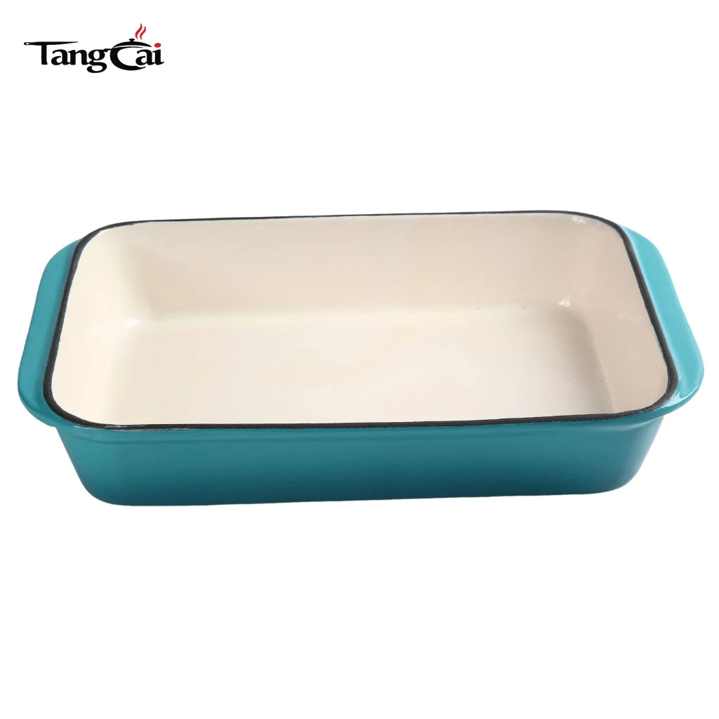 Custom Teal Color Enameled Cast Iron Roasting Pan - Rectangular Seafood Casserole Dish