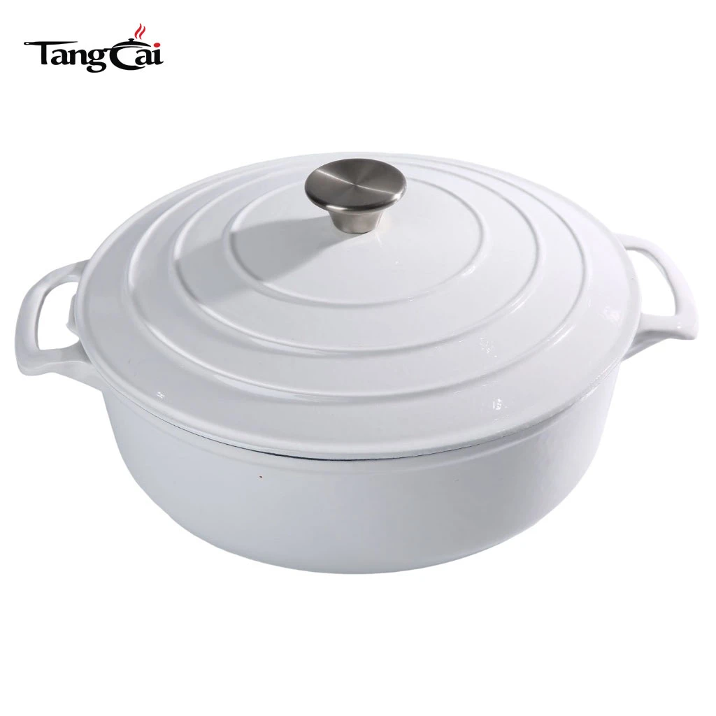 Shallow Glossy White Enameled Cast Iron Dutch Oven, Multi-purpose Seafood Casserole Pot with Lid