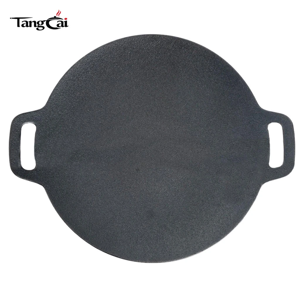Pre-Seasoned Round 13-Inch Korean Cast Iron BBQ Tawa Grill Pan, Large Flat Skillet with Dual Handles for Roti, Dosa, Tortillas & Crepes