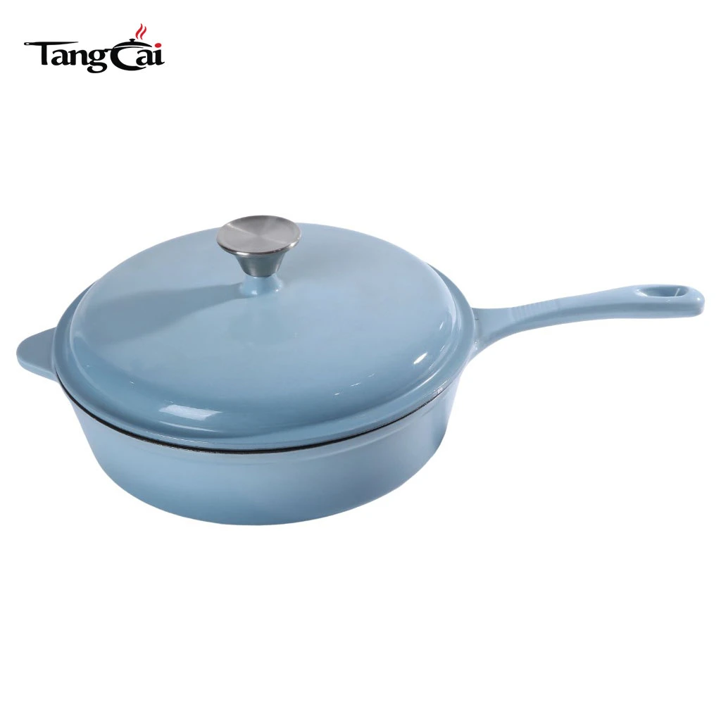 Custom Large 5.5QT Sky Blue Enameled Cast Iron Sauce Pot-Multipurpose Deep Casserole Pot Frying Pan with Long Handle